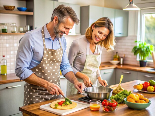 O marido ajuda sua esposa preparando sua refeição favorita para uma ocasião especial