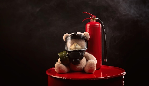 O mascote da brigada de incêndio é um ursinho de pelúcia com máscara de gás e extintor de incêndio com fumaça sobre fundo escuro