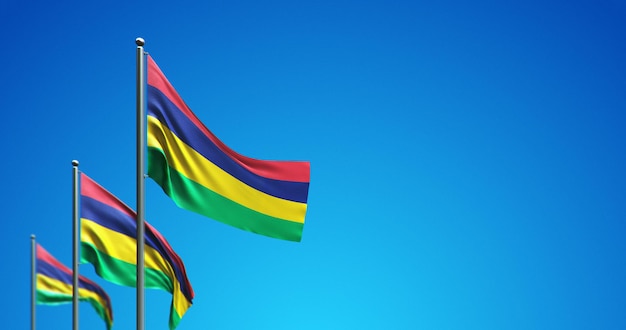 O mastro da bandeira 3D voando nas Ilhas Maurício no céu azul