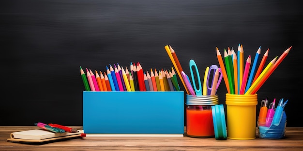 O material escolar no fundo do quadro-negro está pronto para a escola