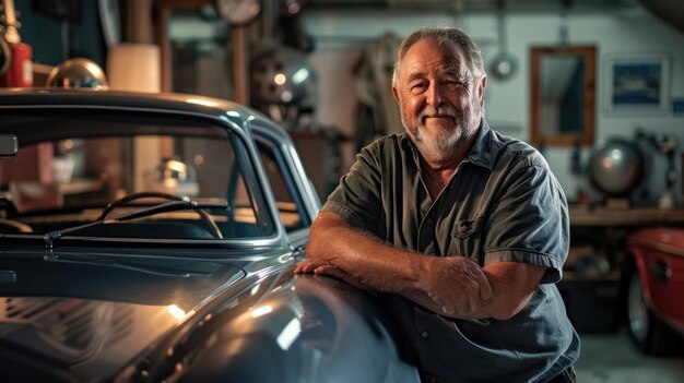 Foto o mecânico adulto olhando para a câmera com um carro vintage na oficina de automóveis