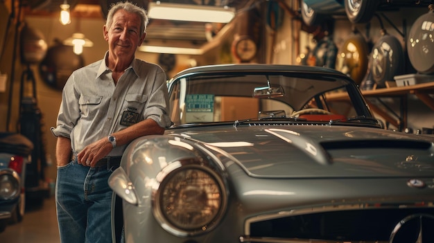 Foto o mecânico adulto olhando para a câmera com um carro vintage na oficina de automóveis