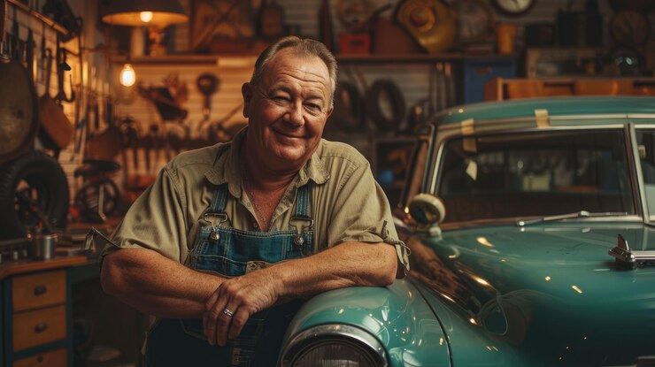 Foto o mecânico adulto olhando para a câmera com um carro vintage na oficina de automóveis