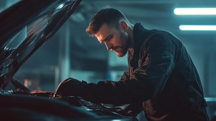 Foto o mecânico inspecionando um carro