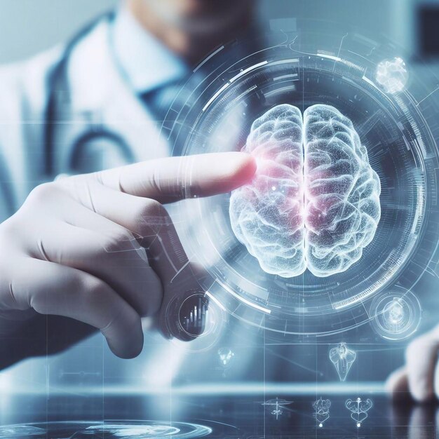 O médico está a usar um holograma do sistema cerebral na sala de cirurgia. Ilustração de IA generativa.