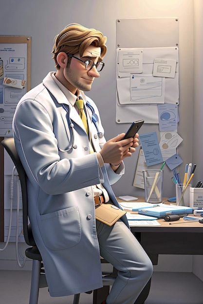 O médico está se comunicando com o paciente através da ilustração do personagem 3d do celular