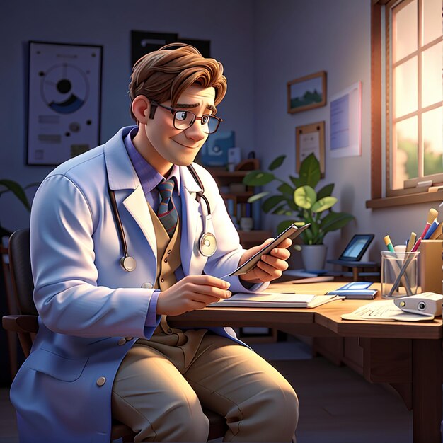 O médico está se comunicando com o paciente através da ilustração do personagem 3d do celular