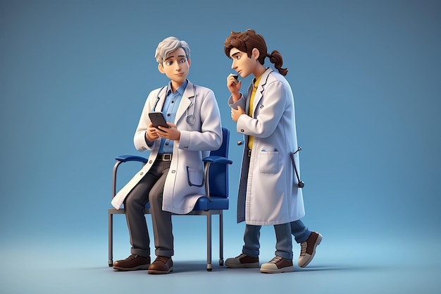 O médico está se comunicando com o paciente através da ilustração do personagem 3d do celular