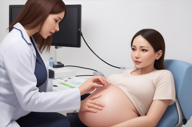 Foto o médico examina a mãe grávida no hospital exame de saúde da mãe grávida