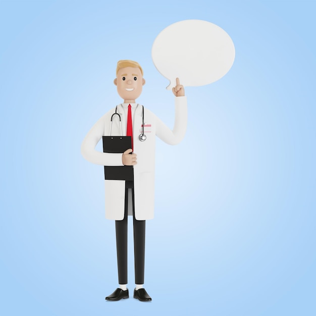 O médico levantou o dedo para dar conselhos ou conselhos. Médico com balão. Ilustração 3D em estilo cartoon.