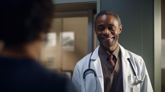 O médico negro conversando com paciente na clínica