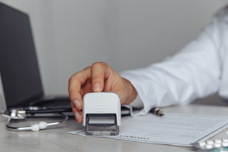 O médico no escritório está carimbando um documento médico. Medicina e conceito de saúde