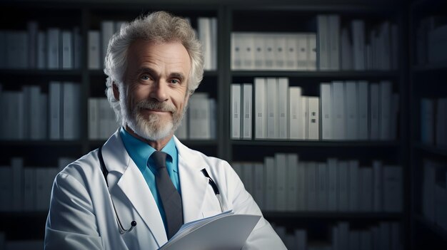 Foto o médico segura alegremente os arquivos dos pacientes