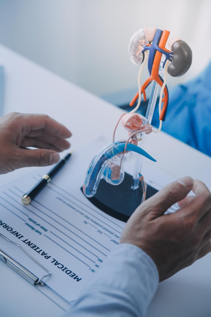 Foto o médico usa um modelo anatômico para explicar o sistema urinário masculino. o modelo é rotulado com as peças que o médico aponta e explica como elas funcionam em conjunto para a função urinária, garantindo a compreensão do paciente.