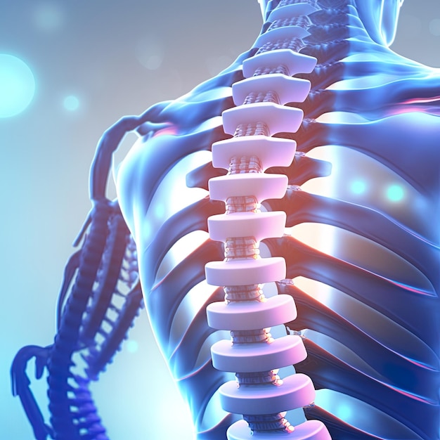 O médico verifica e diagnostica a coluna vertebral humana na ilustração 3d de fundo desfocado