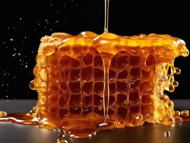 O mel apetitoso fresco flui para os favos de mel