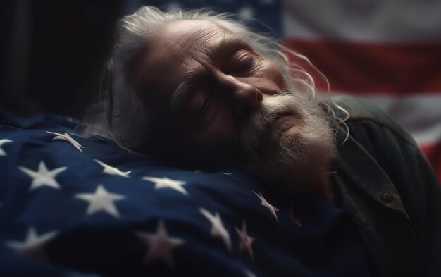 O mendigo velho dorme na bandeira americana