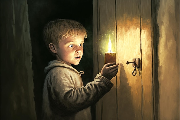 O menino acendeu a vela em frente à porta secreta ilustração de estilo de arte digital pintando ilustração de fantasia de um menino perto da porta secreta