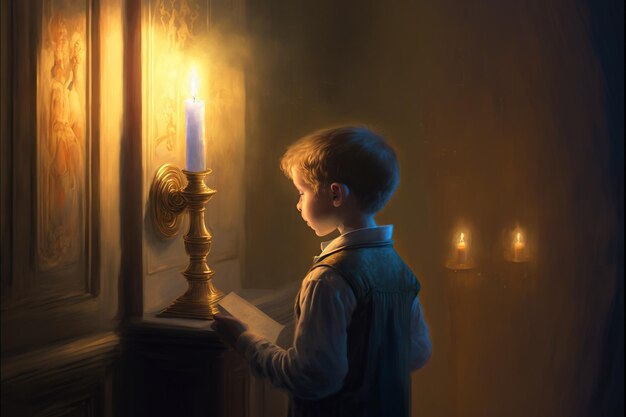 O menino acendeu a vela em frente à porta secreta ilustração de estilo de arte digital pintando ilustração de fantasia de um menino perto da porta secreta