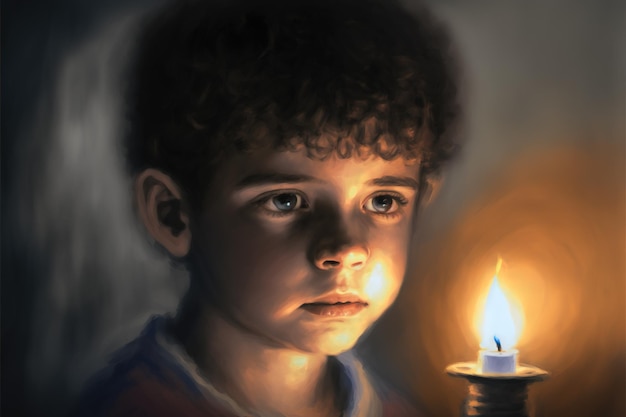 O menino acendeu a vela sem perceber que havia um demônio atrás dele ilustração de estilo de arte digital pintando o conceito de fantasia de um menino perto do demônio