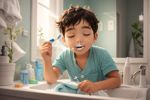 Foto o menino adormecido está acordando e escovando os dentes no banheiro