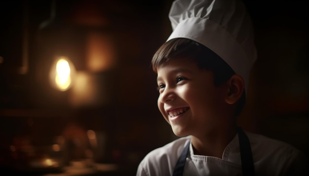 O menino bonito do cozinheiro chefe gosta de cozinhar na farinha da cozinha gerada pelo AI