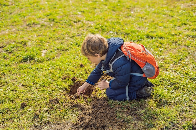 O menino brinca de reciclagem ele enterra pratos descartáveis de plástico e pratos biodegradáveis depois de alguns