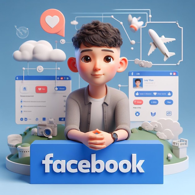 Foto o menino com um ícone do facebook em 3d