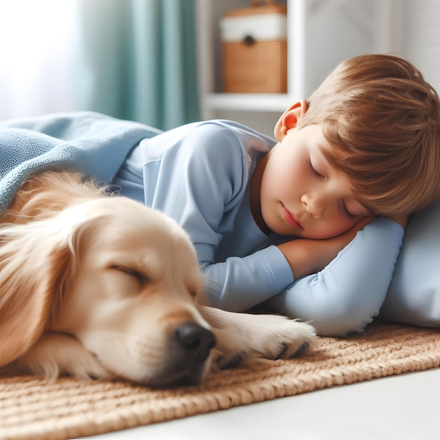 O menino dorme com os cães, os animais de estimação e as crianças.