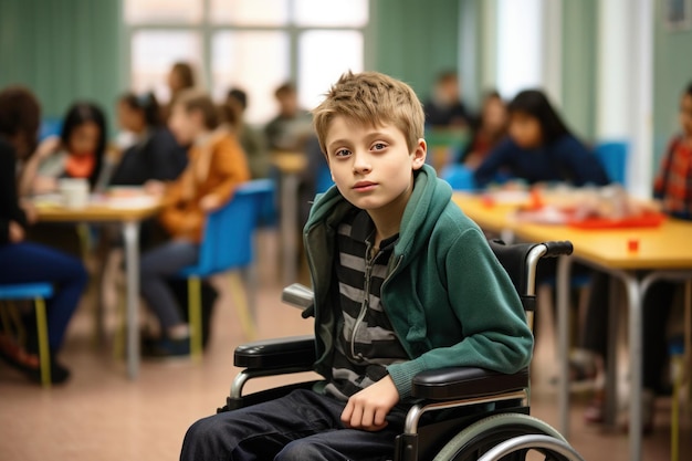 O menino em uma cadeira de rodas senta-se na sala de aula generativa da escola ai