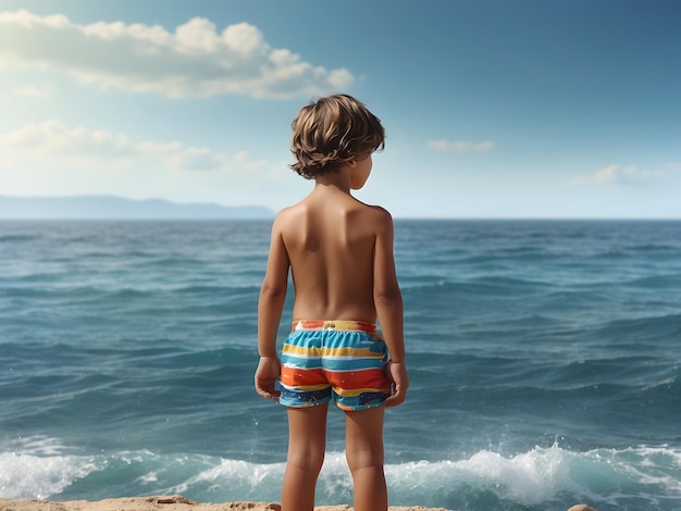 O menino está de pé com as costas para o mar no fundo aprendendo a nadar uma criança no mar