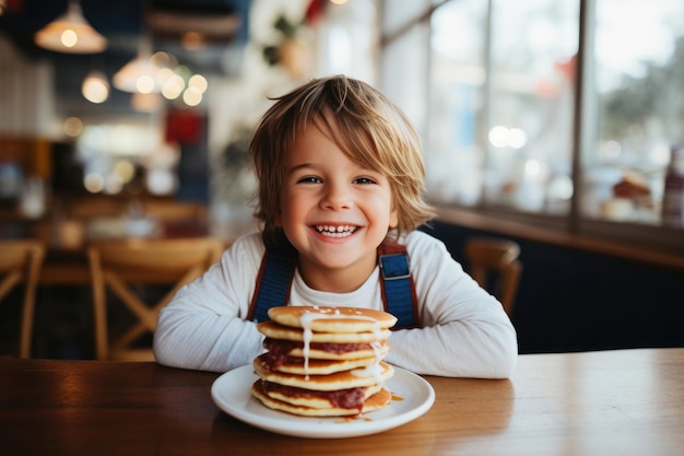 O menino feliz ri e se preparou para almoçar em um café panquecas com molho