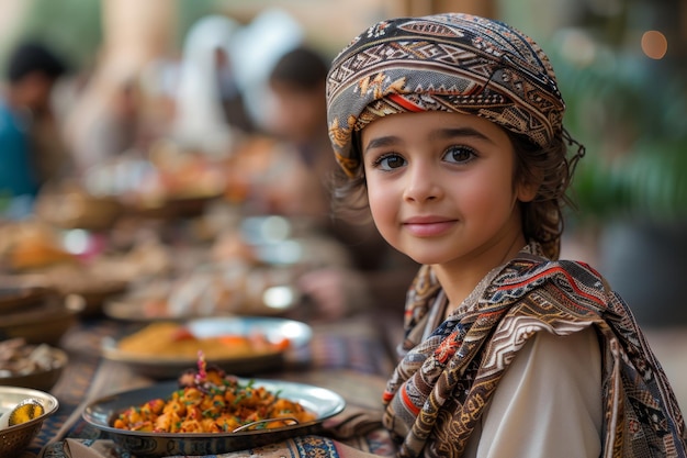 o menino na mesa pratos tradicionais do Oriente Médio da culinária árabe para o feriado de Eid alAdha