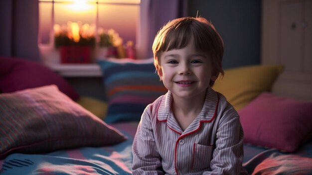 O menino sentado na cama