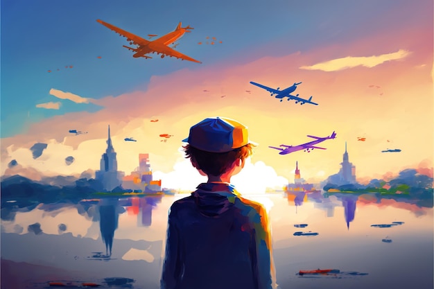 O menino voando no céu com os aviões Um menino que imagina que é um piloto Pintura de ilustração de estilo de arte digital