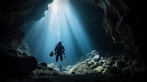 O mergulhador está explorando a caverna subaquática