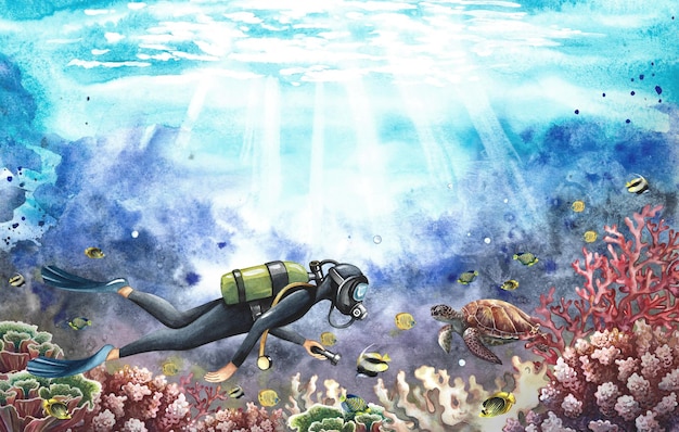 O mergulhador nada debaixo d'água no fundo do mar Viagem subaquática Aquarela desenhada à mão