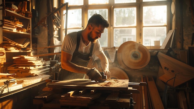 O mestre carpinteiro está trabalhando em um pedaço de madeira em sua madeira
