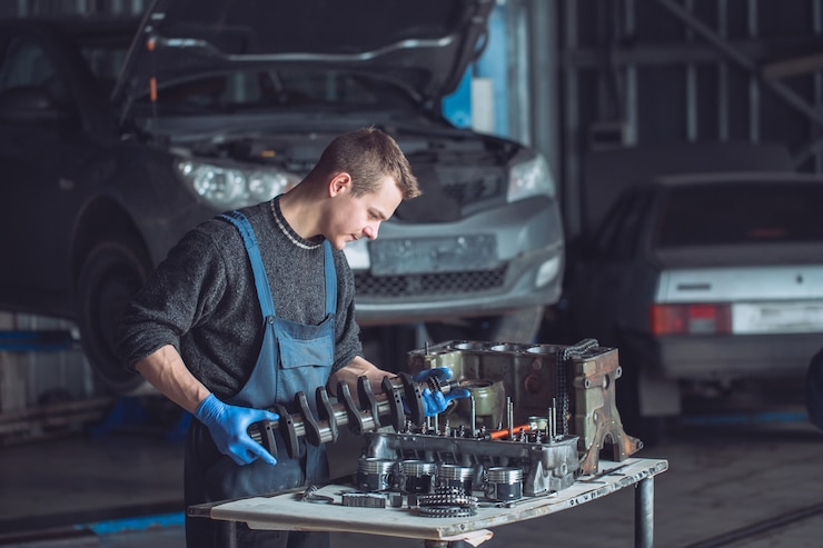 Foto o mestre coleta um motor reconstruído para o carro.