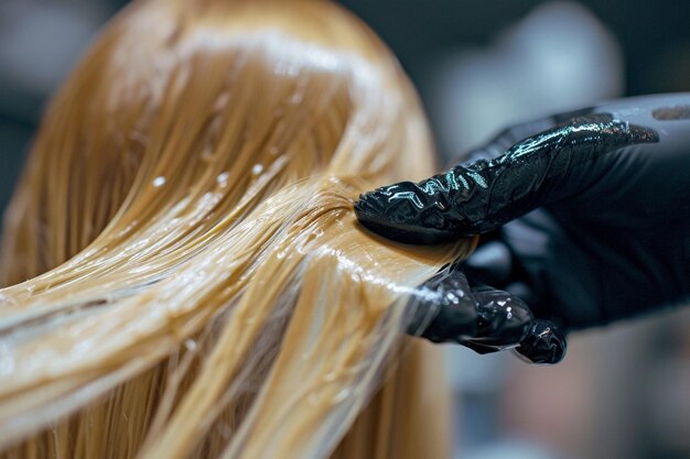 O mestre do cabelo tinge o cabelo escuro para loiro num salão de cabeleireiro.