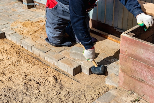 O mestre em coloca pedras de pavimentação em camadas pavimentação de caminho de tijolos de jardim por trabalhador profissional de pavimentação colocação de lajes de pavimentação de concreto cinza no pátio da casa na base da fundação de areia