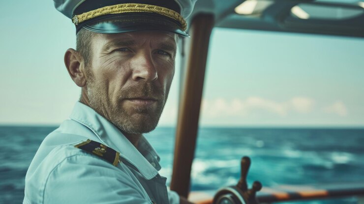 Foto o militar trabalhando como o capitão da marinha para navegar o barco para o mar aig43