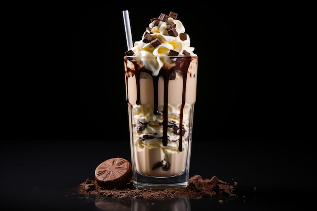 O milkshake com chocolate sobre um fundo preto