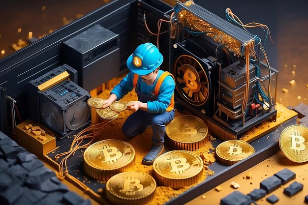 Foto o mineiro isométrico está cavando em bitcoin dourado dispositivos e tecnologia para mineração de criptomoedas