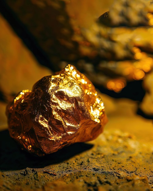 Foto o minério de ouro puro encontrado na mina em um chão de pedra