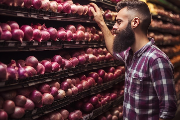 O misterioso comprador revelando o conhecedor de cebolas vermelhas no mercado de supermercados