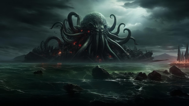 O misterioso monstro Cthulhu no mar ataca o barco com enormes tentáculos saindo da paisagem aquática.