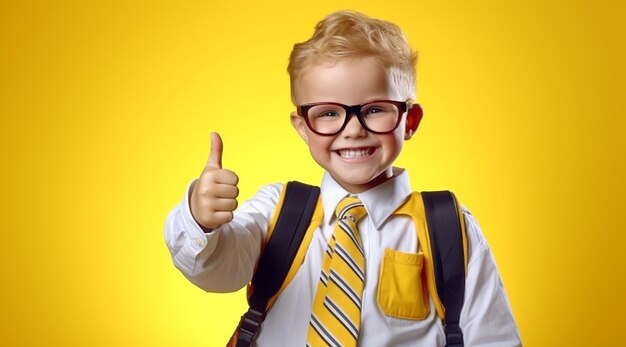 O miúdo feliz com a bolsa de livros e a bolsa de escola mostrando o polegar em fundo laranja De volta à escola