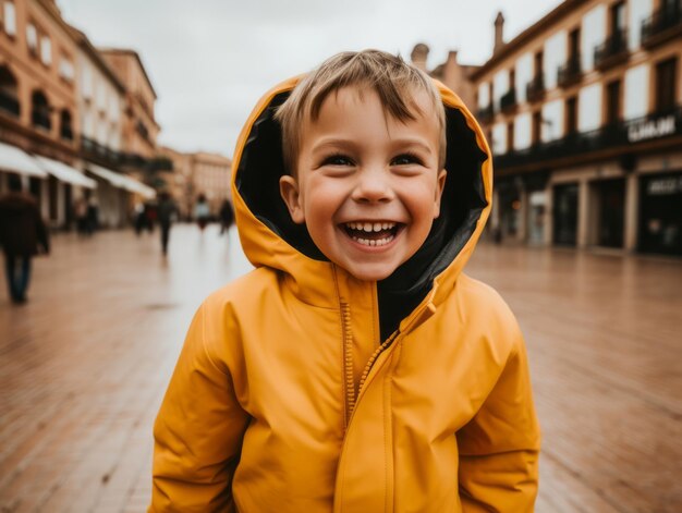 O miúdo gosta de um passeio tranquilo pelas ruas vibrantes da cidade.