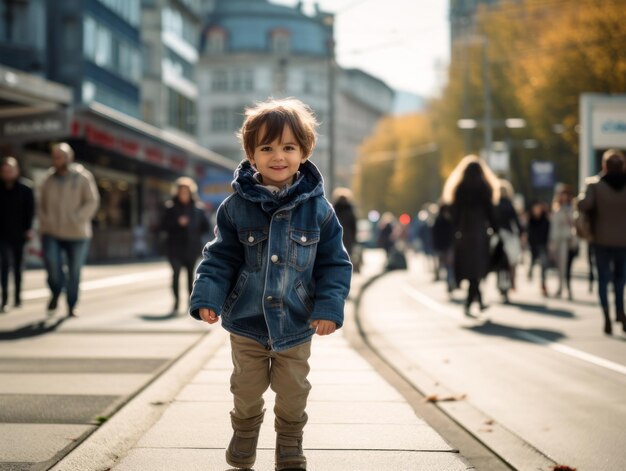 O miúdo gosta de um passeio tranquilo pelas ruas vibrantes da cidade.